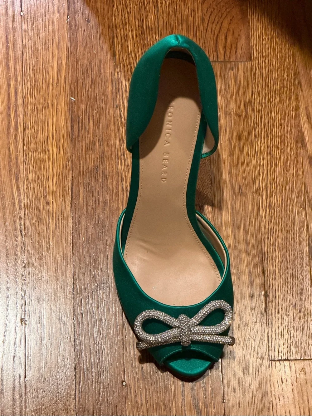 Veronica Beard Teal Satin D'Orsay Peep-Toe Pumps with Crystal Bow